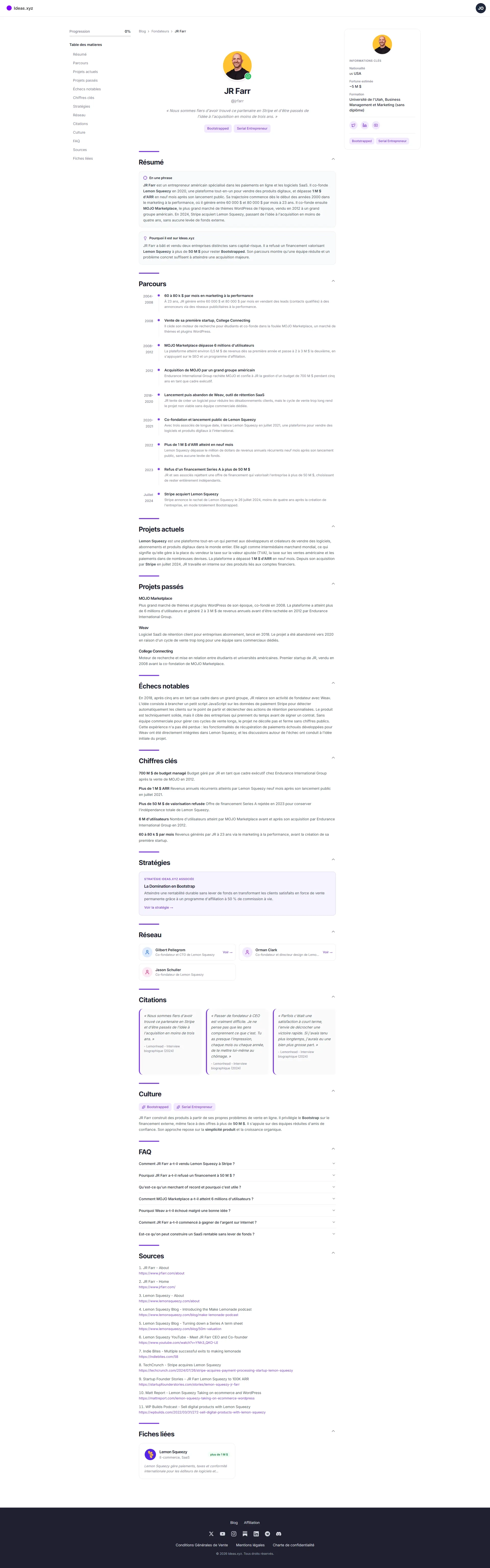 Ideas.xyz founder profile page with JSON-LD structured data generated by the autonomous n8n pipeline